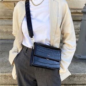 JW PEI Mini Flap Black Croc-Embossed Crossbody Bag